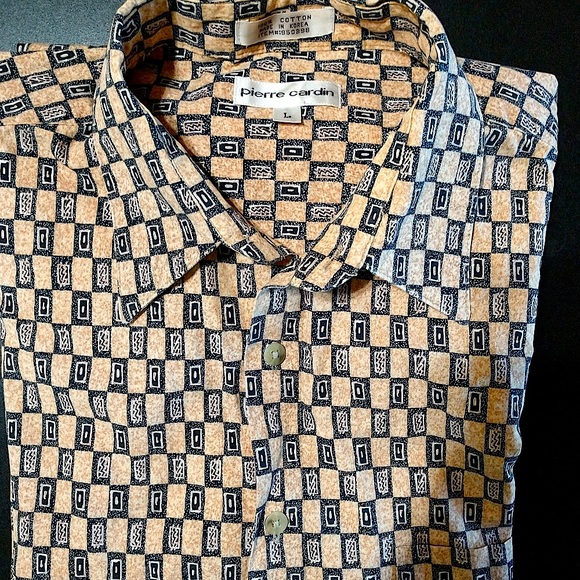 PIERRE CARDIN Button Down Blue & Tan Short Sleeve Large Shirt - Picture 3 of 5